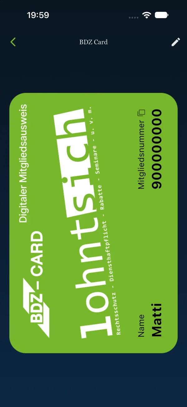 BDZ-Card in der App: digitaler Mitgliedsausweis